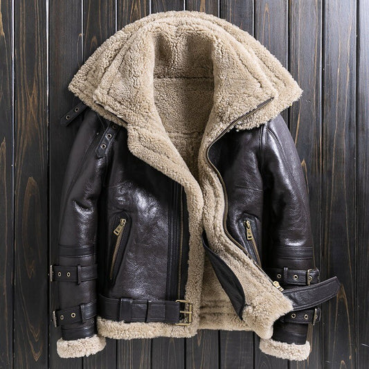 Double Collar Genuine Leather Coats Real Fur Shearling