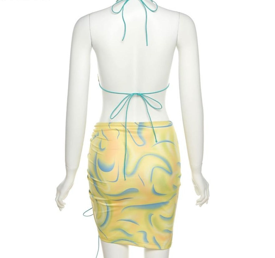 Yellow Bikini Top and Low-cut Drawstring Skirt Set