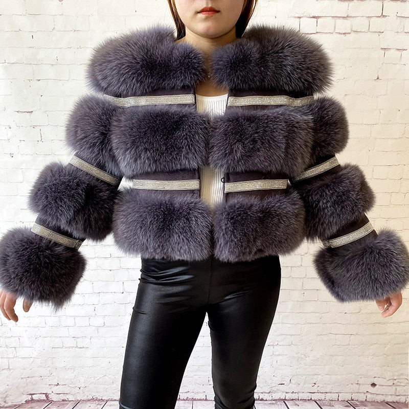 Real Fox Fur Crystal Diamond Jackets