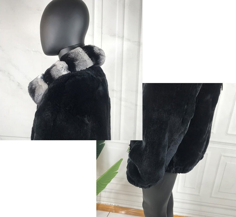 Black Real Rabbit Fur Big Collar & Trim Coats