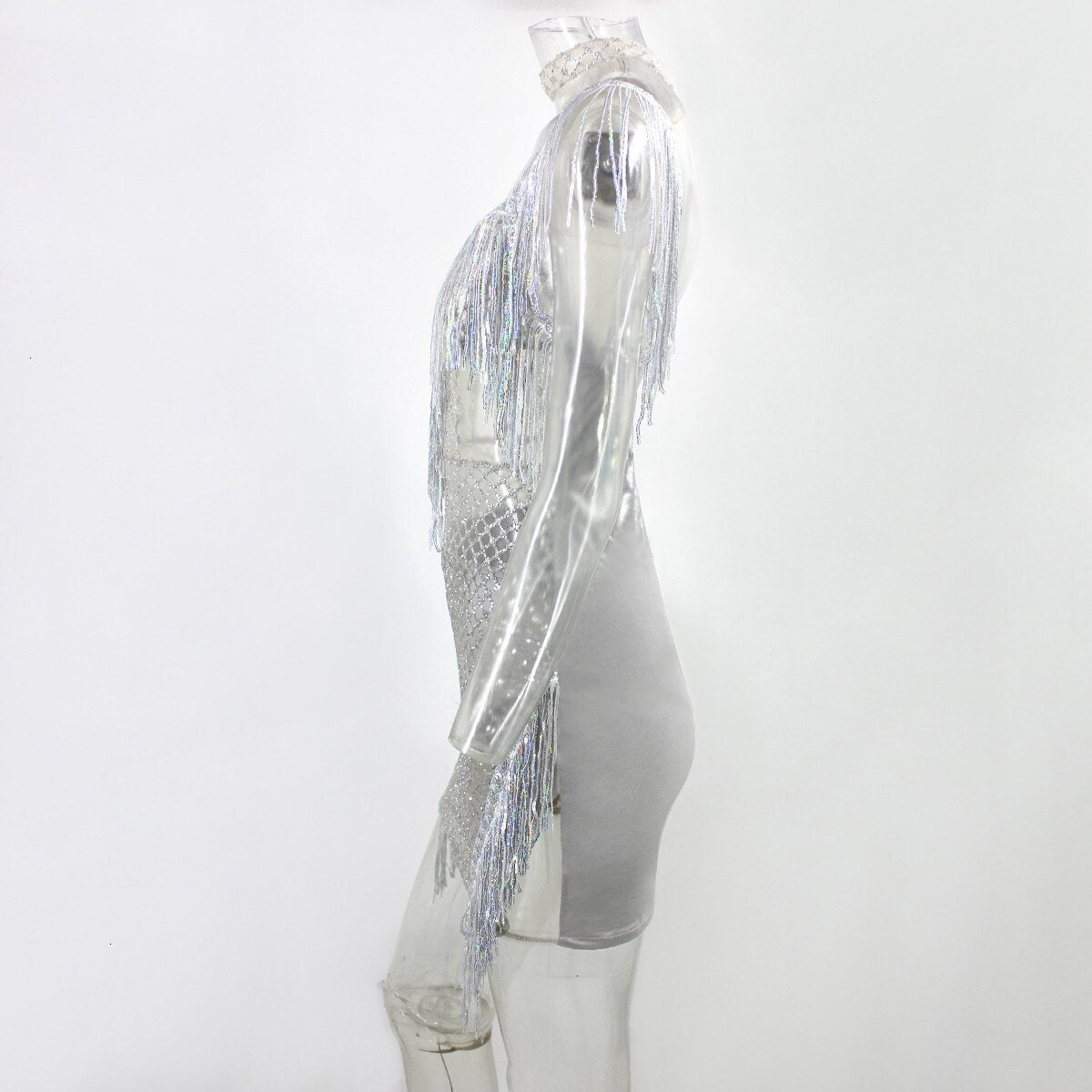 Sequined Tassel Halter Deep V Hollow Bodycon Mini Dresses