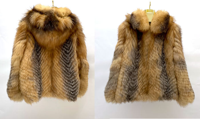 Striped Real Natural Fur Hooded Fur Coats