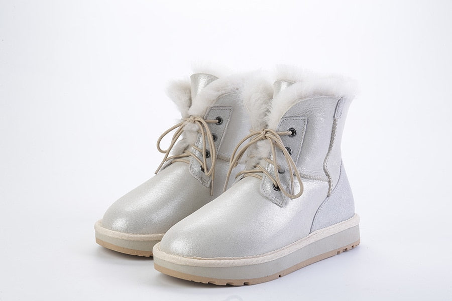 Genuine Leather Natural Wool Fur Lined Waterproof Ankle Boots