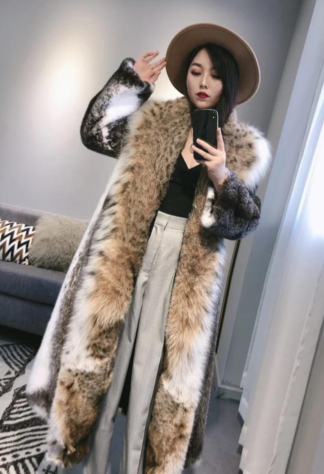 Mink Fur With Bobcat Fur Big Collar Maxi Coat