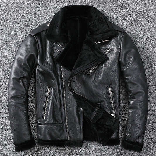 Genuine Leather Moto Jacket Real Wool Lining