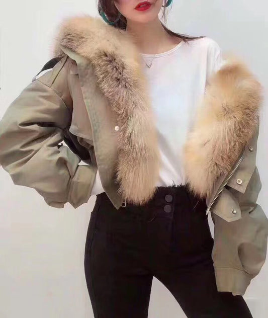 Real Lamb Wool Liner Fox Fur Collar Hood Crop Coats