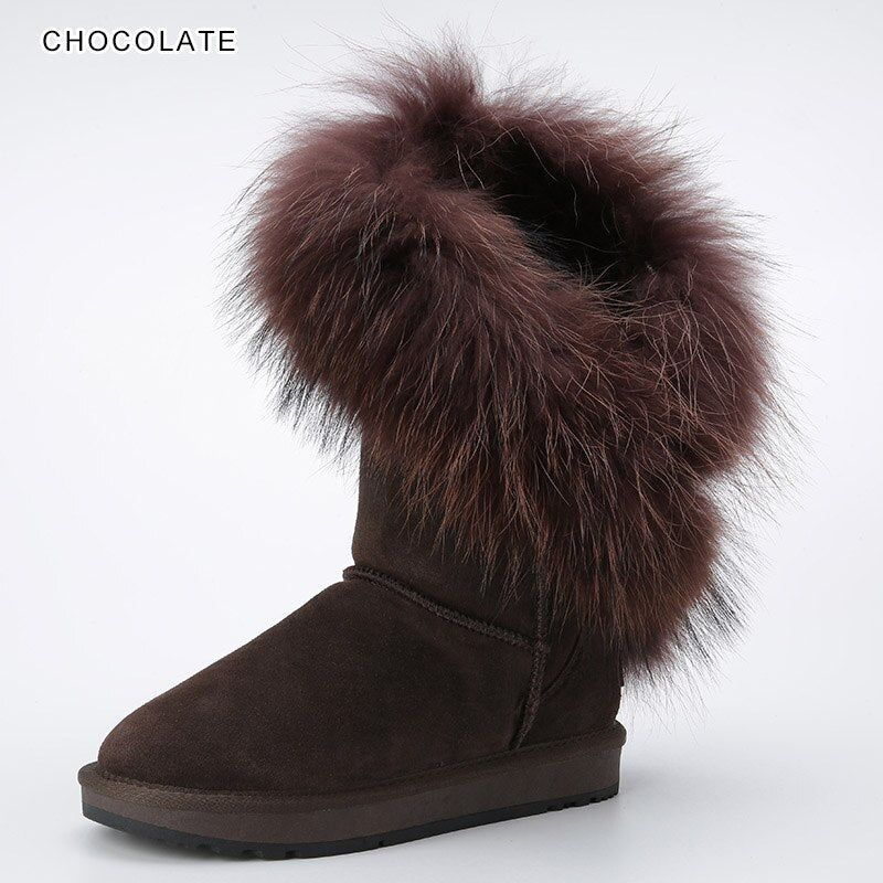 Genuine Leather Suede Natural Fox Fur Half Top Snow Boots