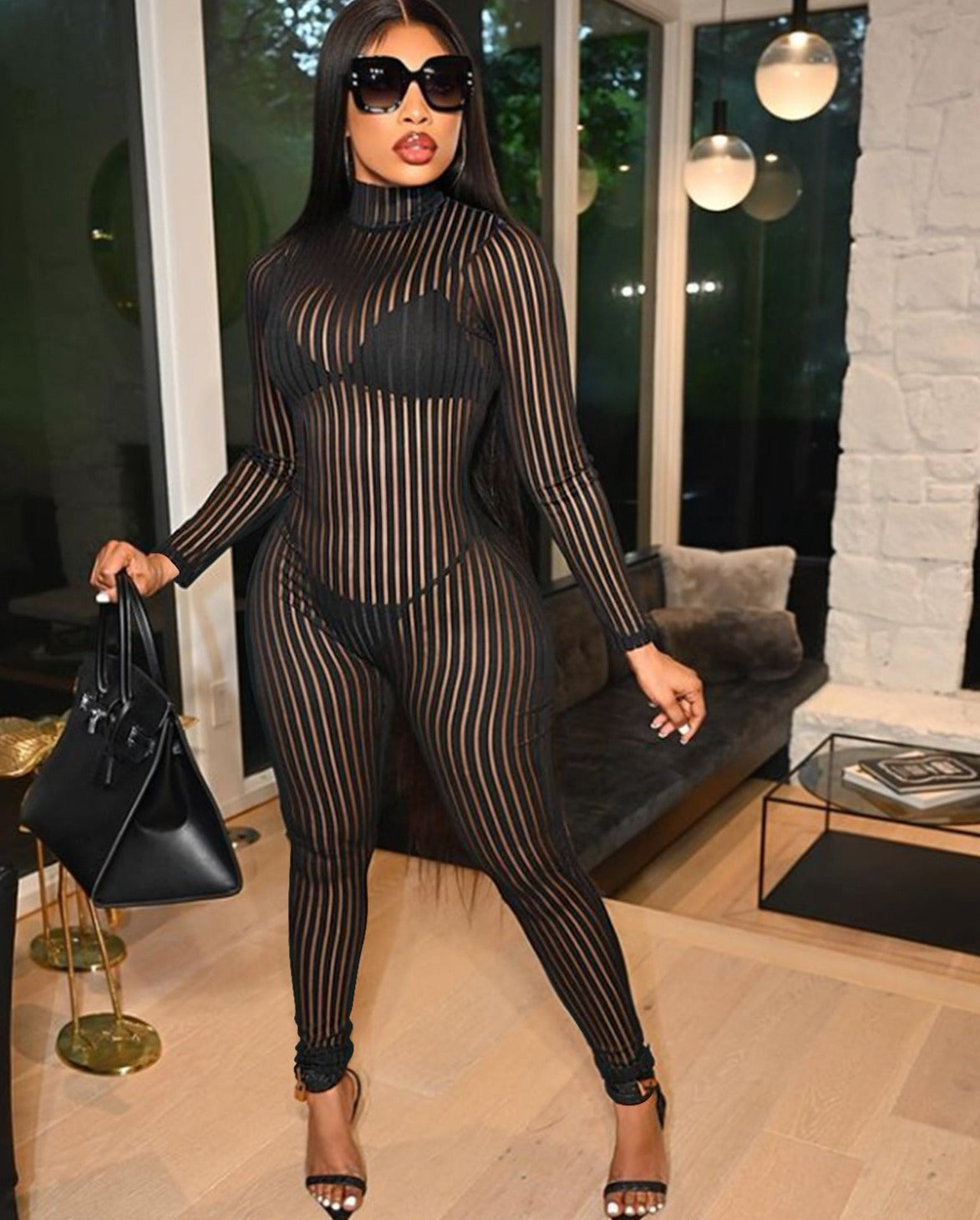 Black Stripe Mesh Long Sleeve Jumpsuit