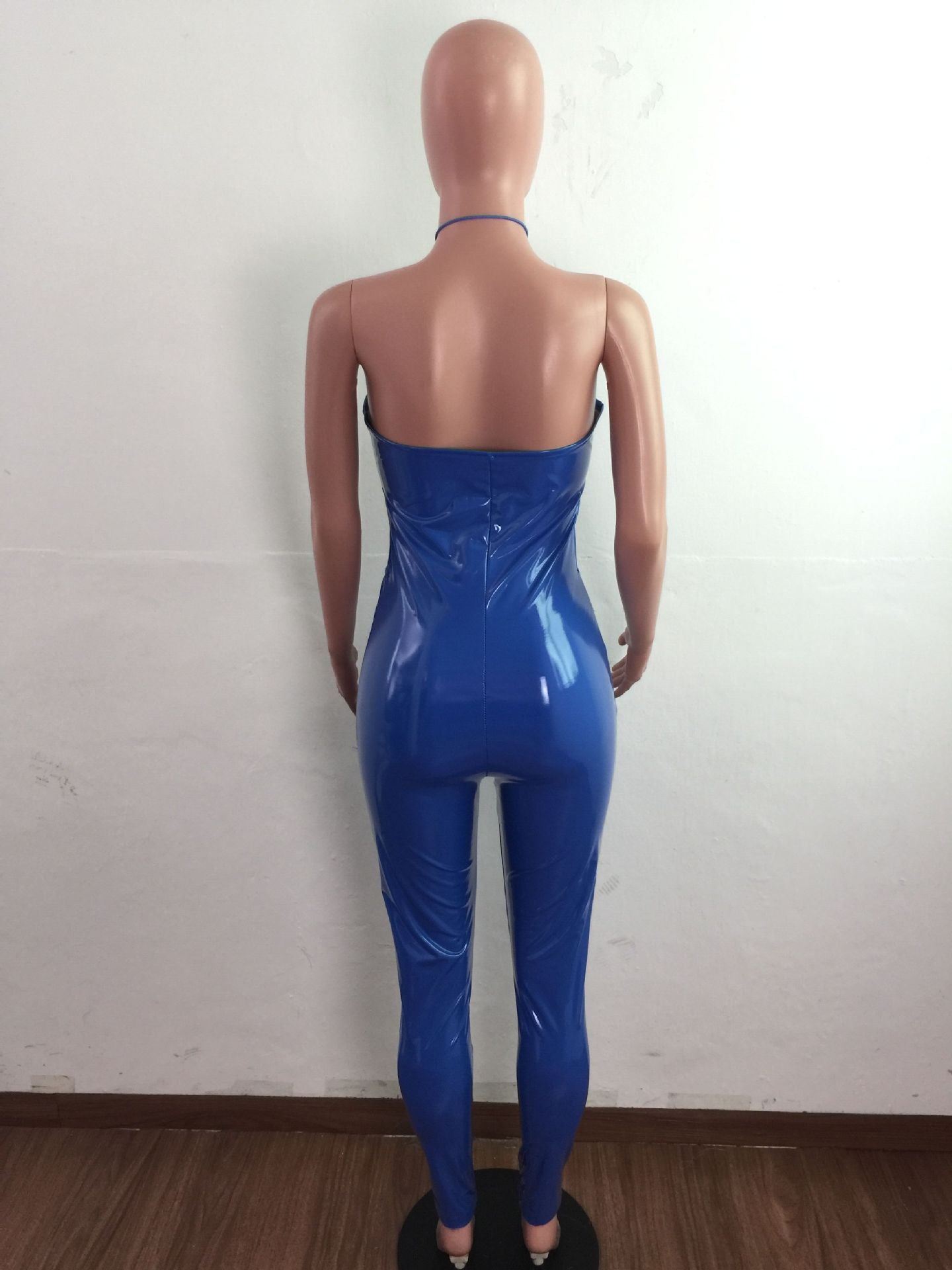 Pu Leather Spaghetti Open V Hollow Belly Backless Jumpsuits