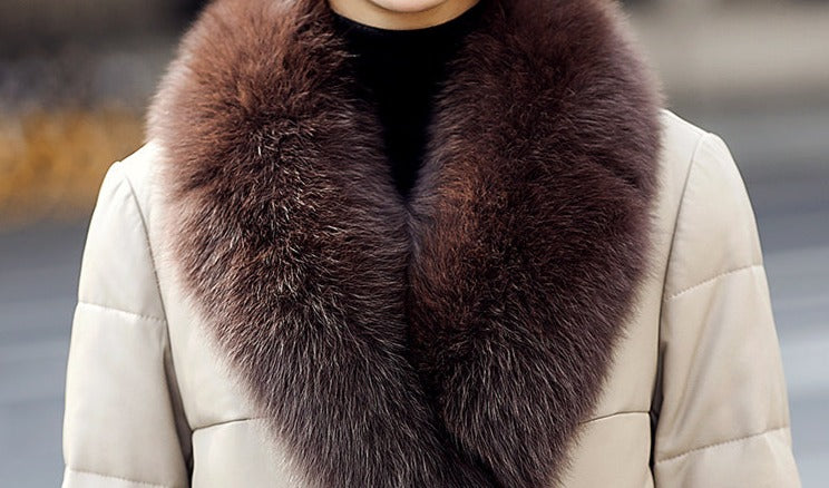Genuine Leather Long Coat Duck Down Fur Collar