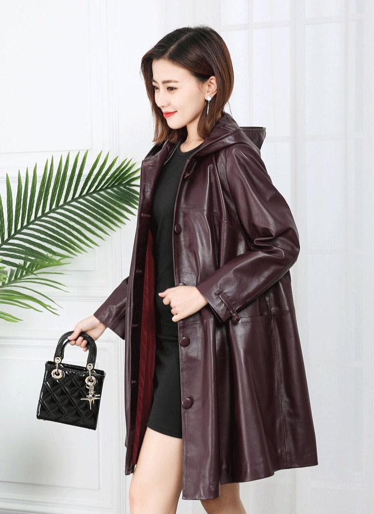 Genuine Leather Long Loose Hooded Jackets