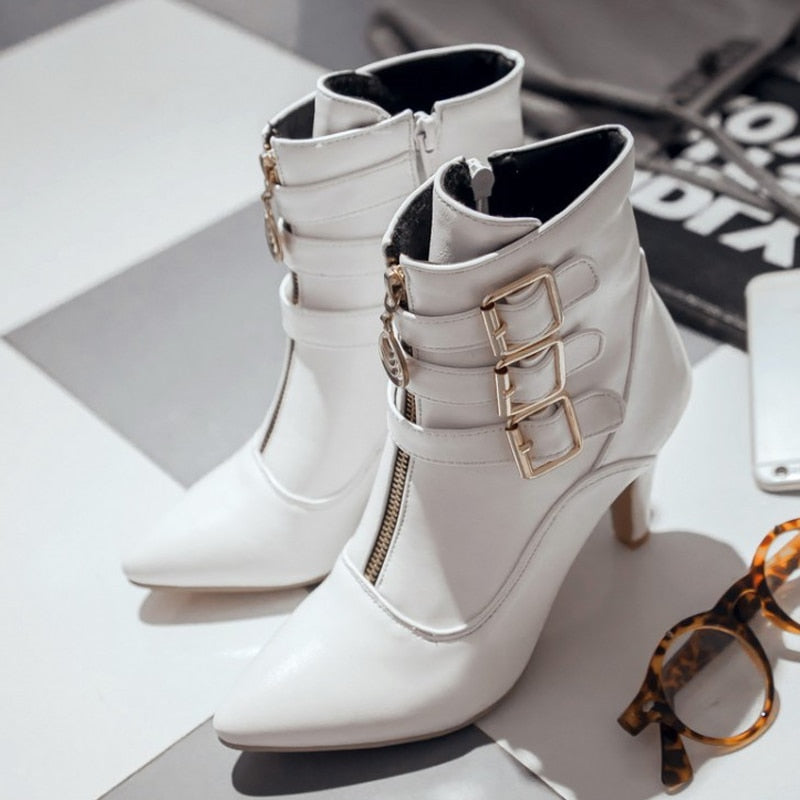 3 Buckle Pointed Toe High Heel Ankle Boots