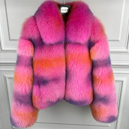 Pink Real Fox Fur Turn-Down Collar Bomber