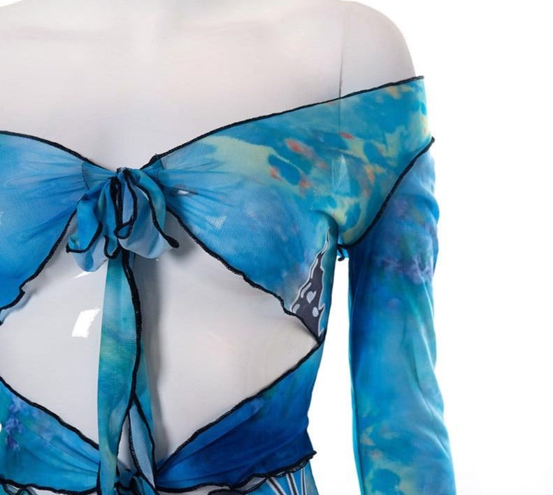 Butterfly Tie Dye Mesh Hollow Chest & Belly Mini Dresses