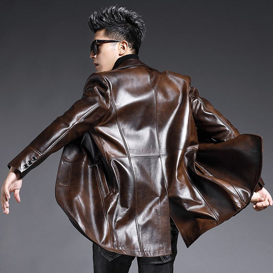 Genuine Leather Coat Long Single Breasted