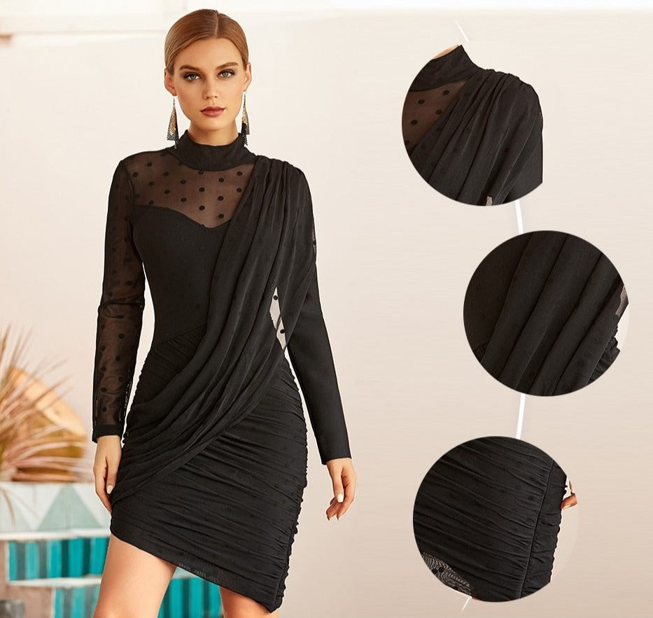 Black Draped Lace Long Sleeve Bodycon Midi Dress
