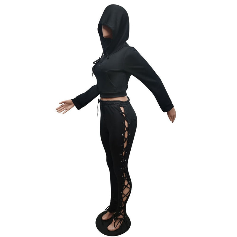 Open Back Bandage Hoodie Crop & Pants