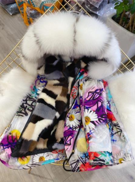 Mink Liner Fox Fur Parkas Printed Overcoats For Boys Girls