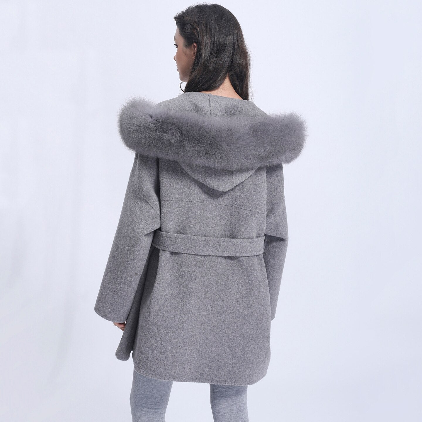 Cashmere Pea Coats Fur Trim Hood With Big Fur Pockets