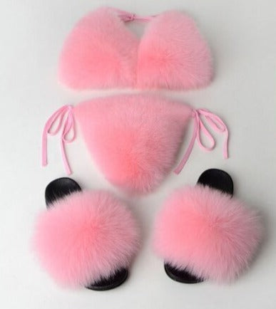 Real Fox Fur Bikini Sets w/Matching Slides (Multi-Colors)