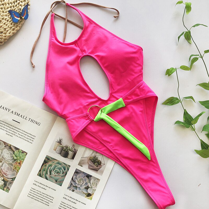 Neon Pink/Black Hollow out High Cut Monokinis