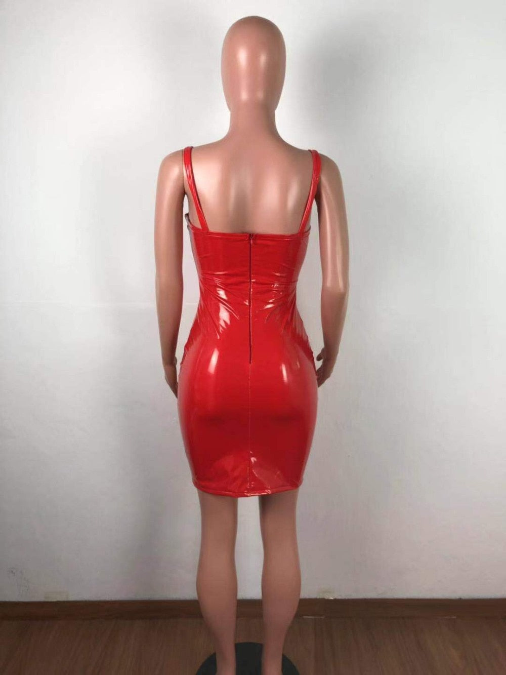 Pu Leather Spaghetti Strap Zippers Mini Dresses