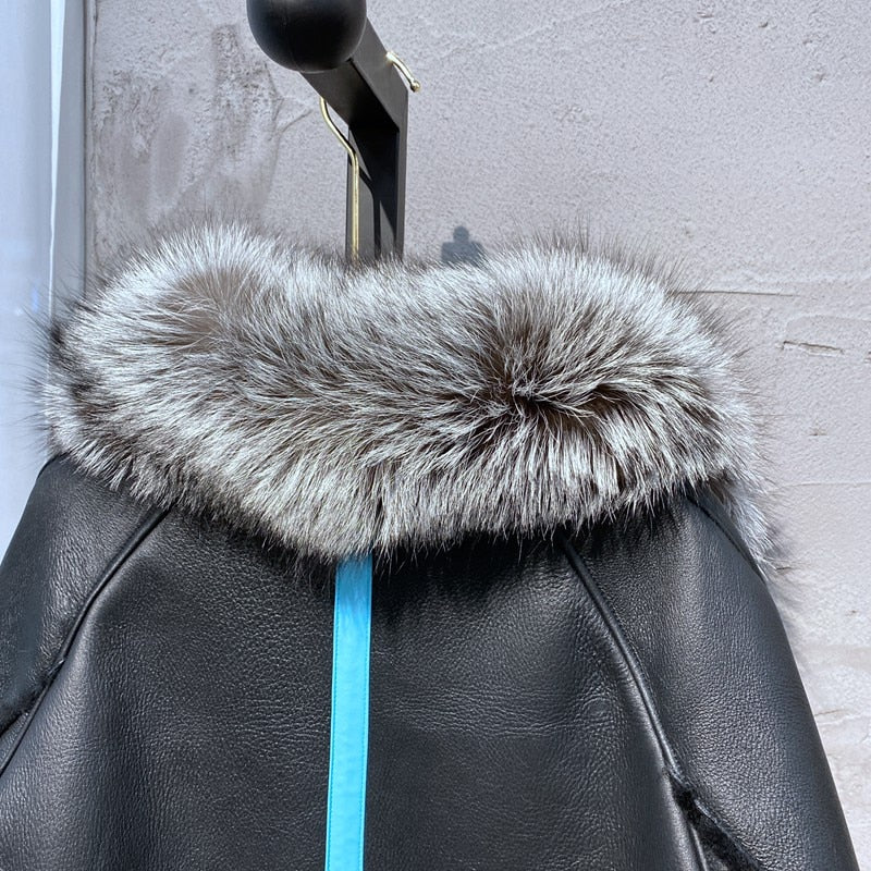 Genuine Leather Real Mink/Silver Fox Fur Collar Coat