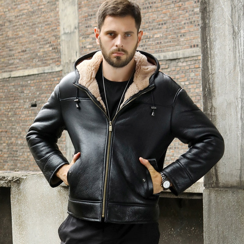 Black Genuine Leather Real Shearling Fur Short Coat Hooded