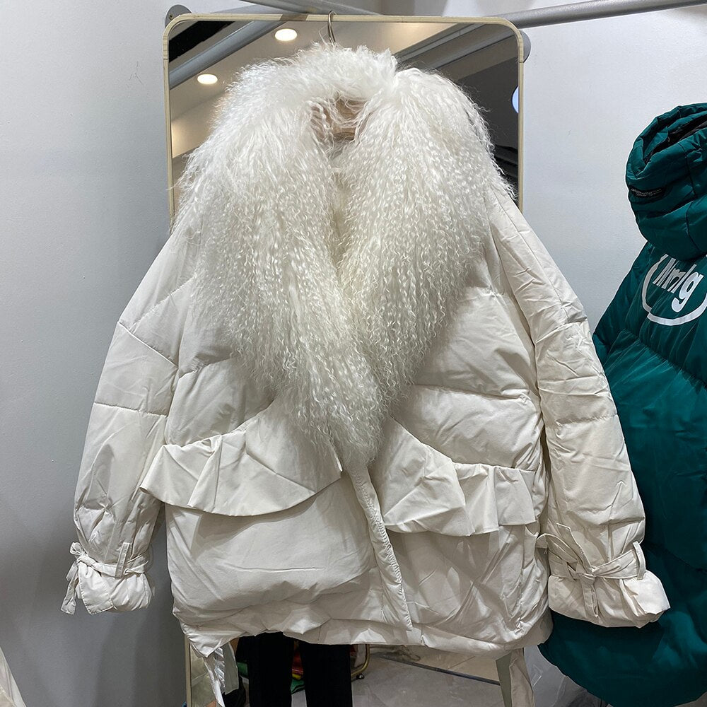 White Duck Down Puffer Coats Real Long Curl Shearling Fur Collar