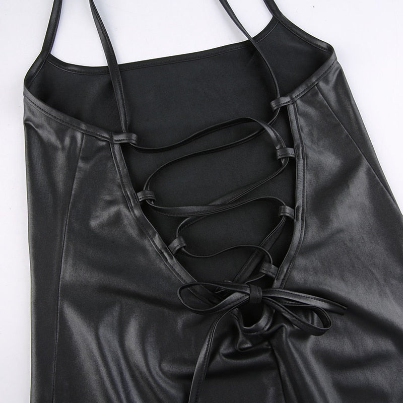 Pu Leather Bandage Backless Split Midi Dresses