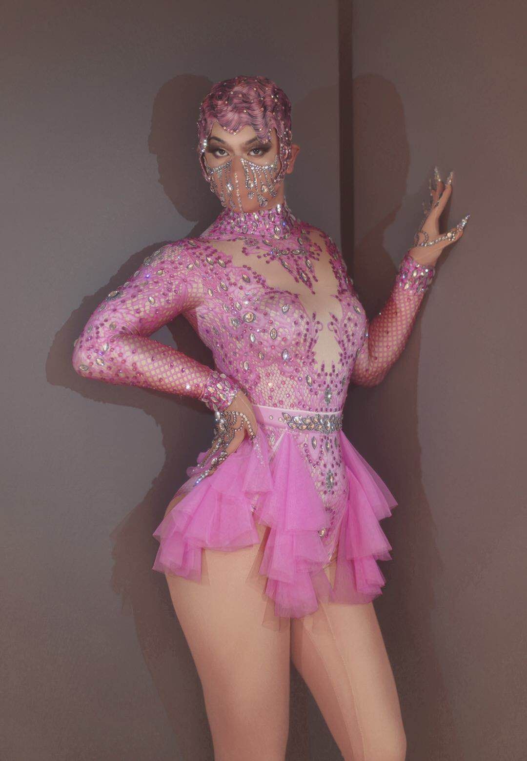 Pink Rhinestone Mesh Ruffles Bodysuit