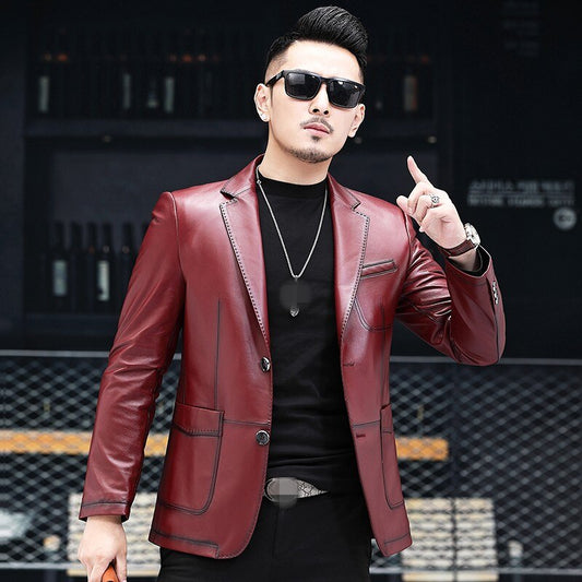 Genuine Leather Blazer Slim Single Breasted