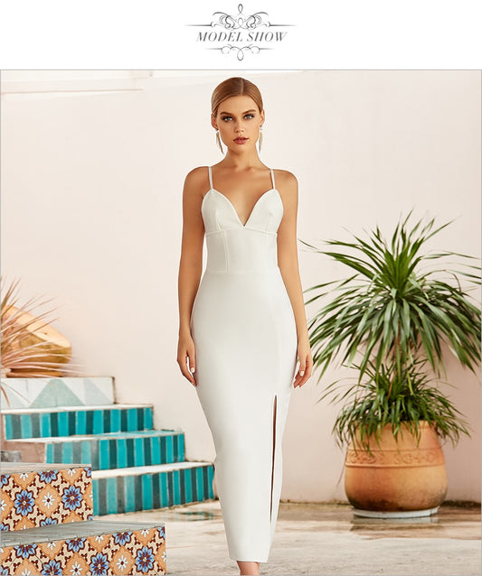 V Neck Spaghetti Strap Bodycon Bandage Maxi Dresses