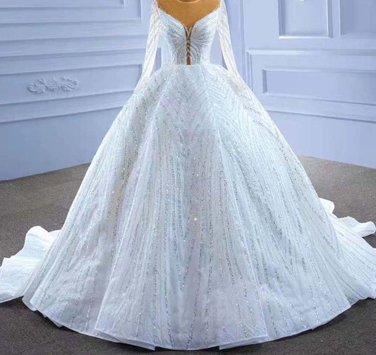 Luxury White Crystal Sequin Long Sleeves Lace Up Wedding Dress