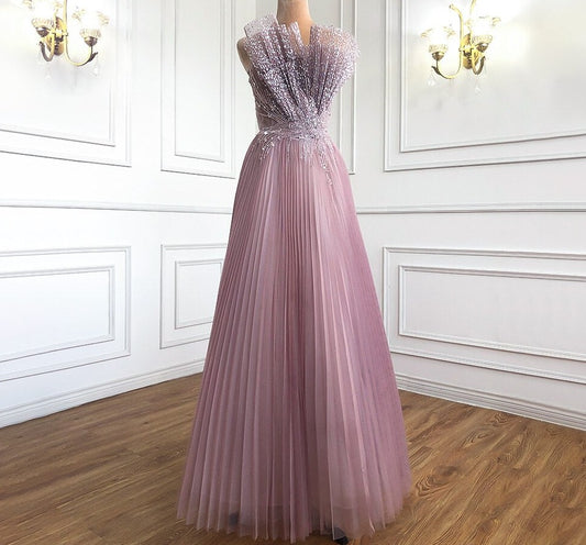 Pink Scalloped Pleats Floor-Length Dress