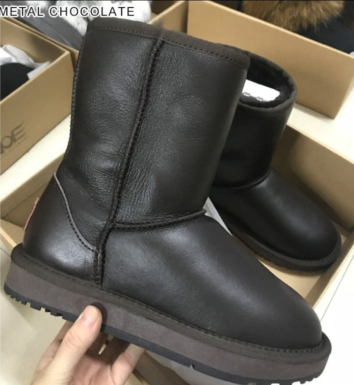 Real Leather Wool Fur Lined Snow Boots Waterproof