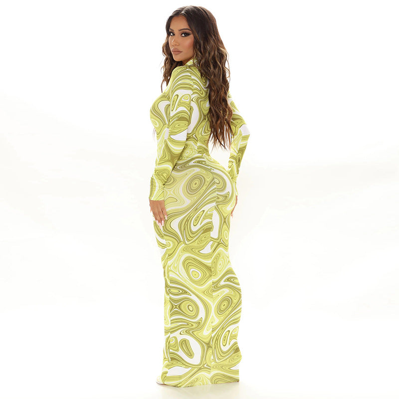 Printed Long Sleeve Hollow Chest Maxi Dresses