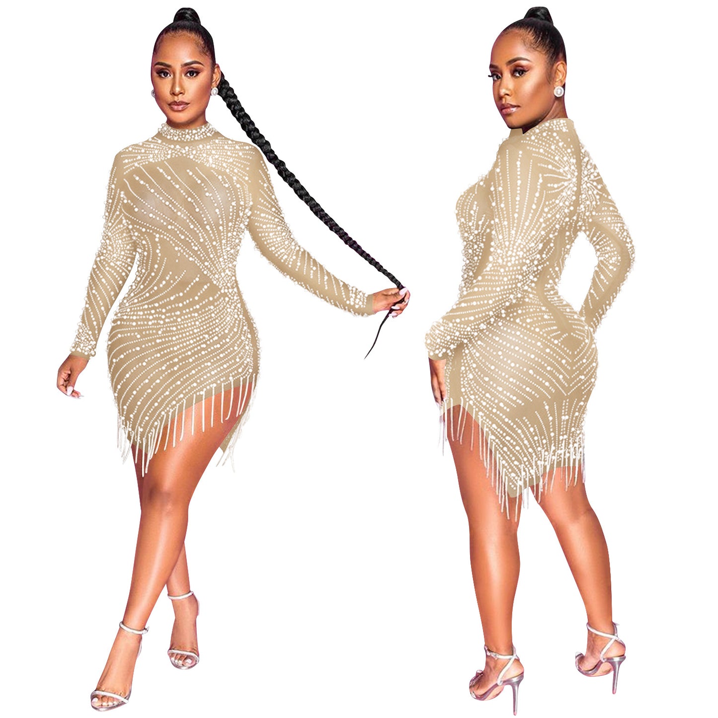 Pearl Long Sleeve Mesh Mini Dresses