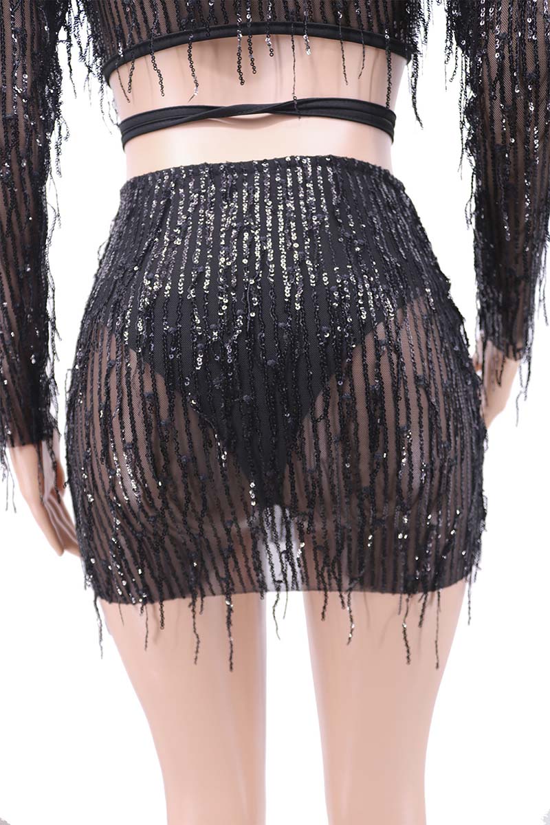 Tassel Sequins Bandage Crop Top & High Waist Skirt