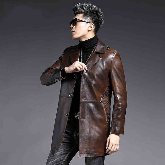 Genuine Leather Coat Long Single Breasted
