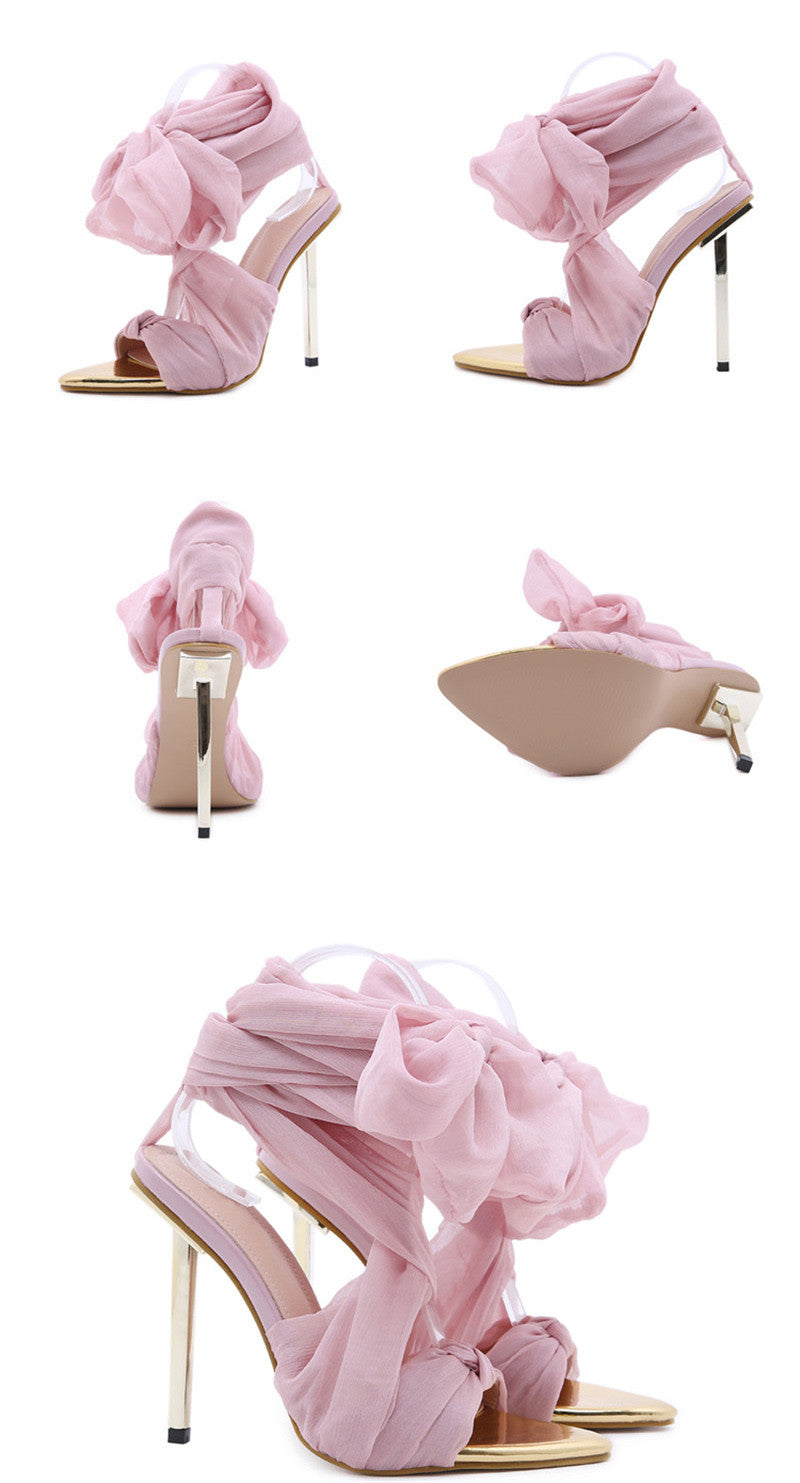 Fabric Tie Peep Toe High Heels