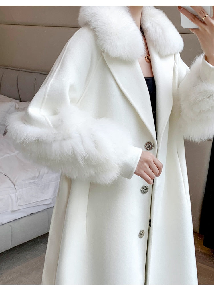 Plush Cashmere Long Coats Real Knitted Fur Collar & Long Cuffs