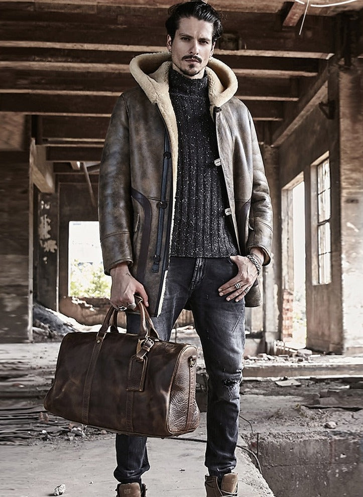 Genuine Leather Hooded Shearling Long Coat