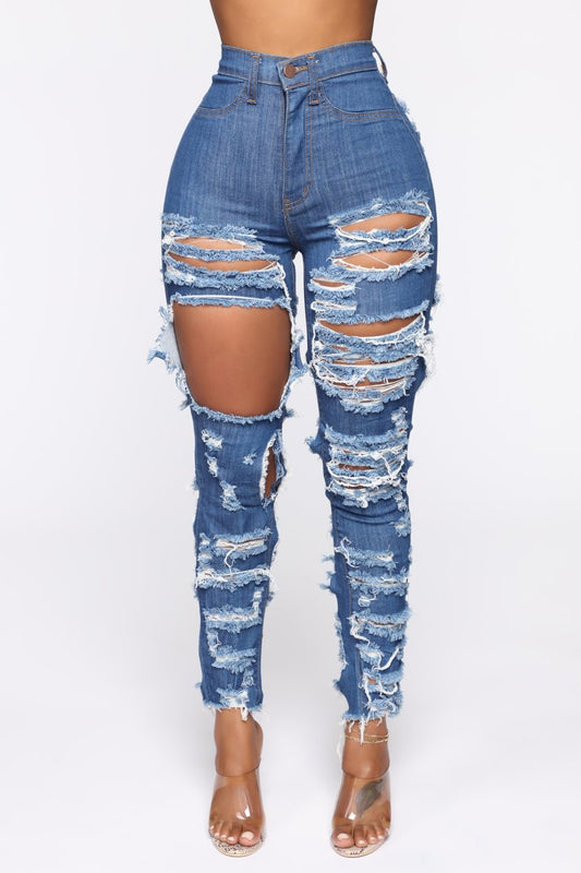 High Waist Stretch Ripped Denim Jeans