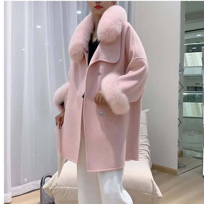 Cashmere Real Fox Fur Collar Loose Wool Coats