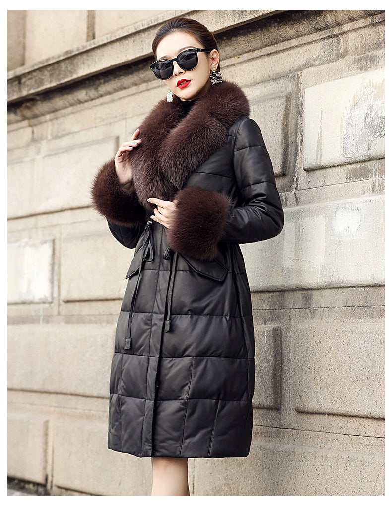 Genuine Leather Long Coat Duck Down Fur Collar