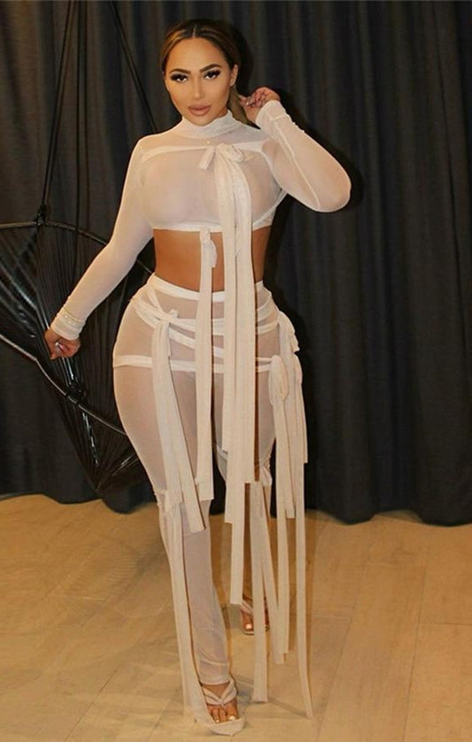 Mesh Turtleneck Crop Top+Pants Sets