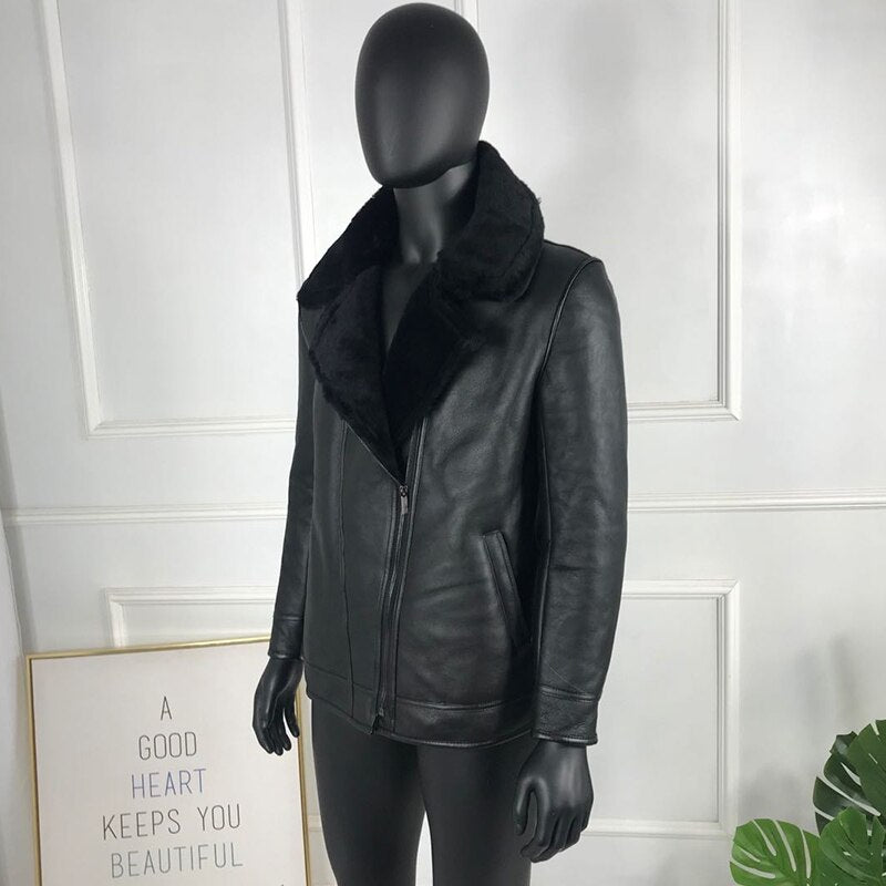 Black Genuine Leather Coat Real Fur Shearling