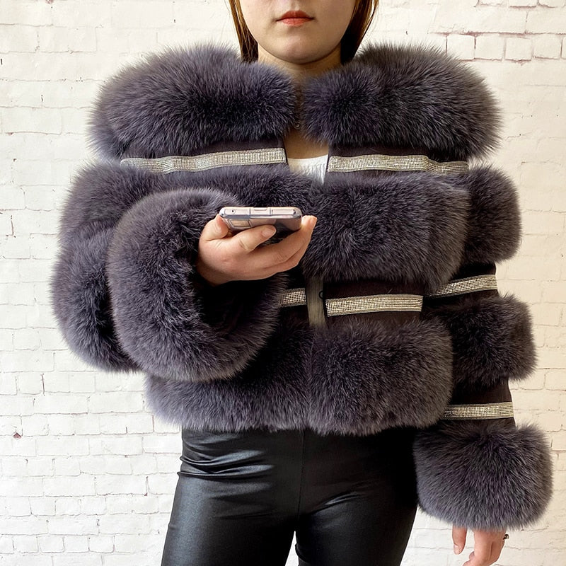 Real Fox Fur Crystal Diamond Jackets