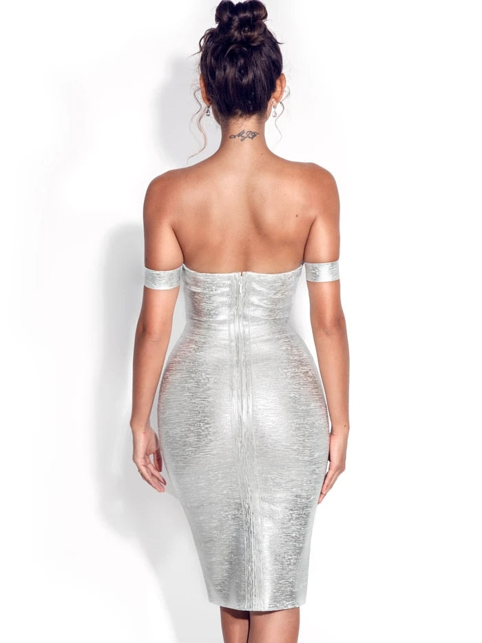 Shiny Metallic Off Shoulder Mesh Dresses